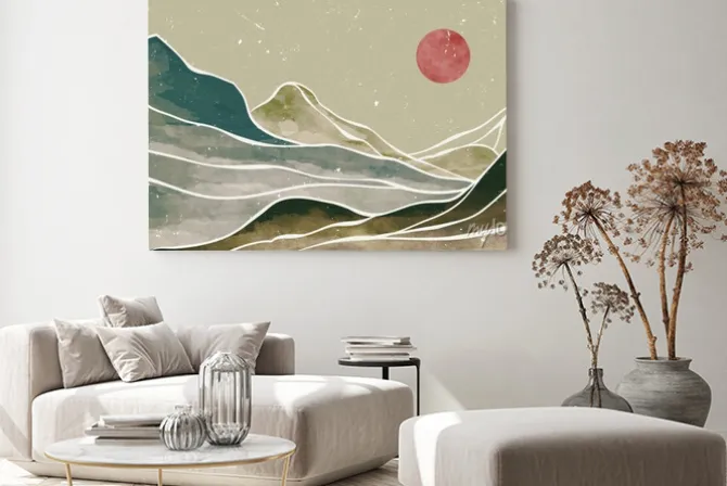 Obraz: Mountain landscape watercolor painting illustration with line