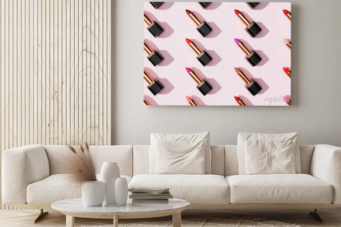 Obraz: Multi-color lipsticks, lip gloss on pink background. cosmetic