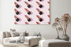 Obraz: Multi-color lipsticks, lip gloss on pink background. cosmetic