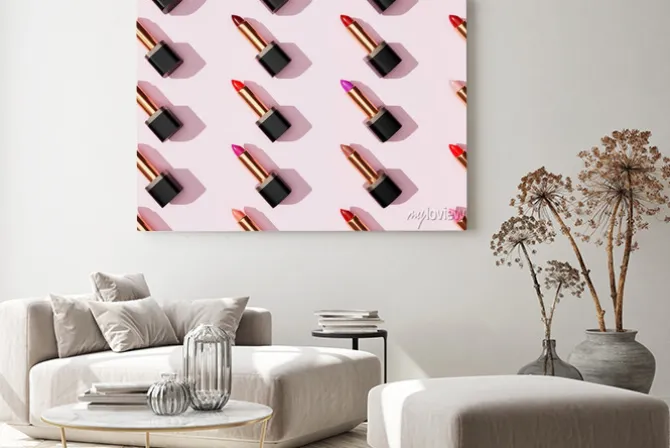 Obraz: Multi-color lipsticks, lip gloss on pink background. cosmetic