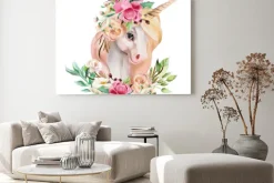 Obraz: Namalowany portret jednorożca z kwiatami