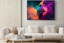 Obraz: Neon astronaut in space helmet in the middle of multicolored