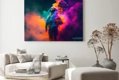 Obraz: Neon astronaut in space helmet in the middle of multicolored