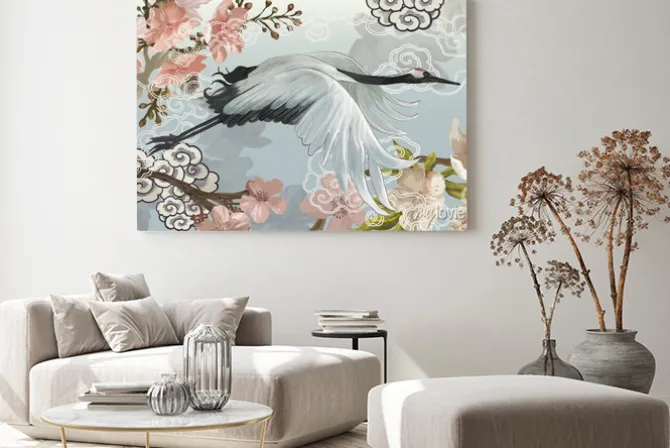 Obraz: Odlatujący żuraw na tle folkowych wzorów japońskich