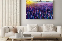 Obraz: Oil flower field painting purple lavender lupine flowers at sunrise