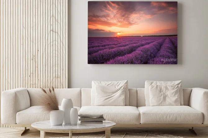 Obraz: Oszałamiający krajobraz z lawendowego pola na zachodzie słońca