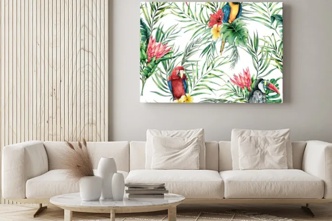 Obraz: Papugi i kwiaty tropikalne