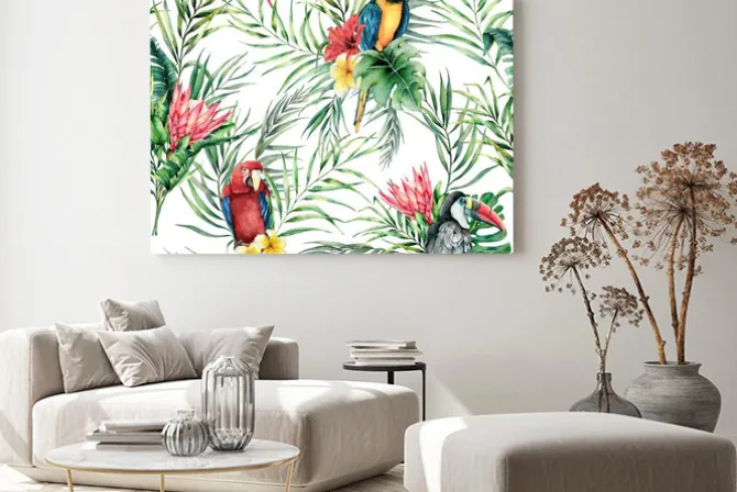 Obraz: Papugi i kwiaty tropikalne