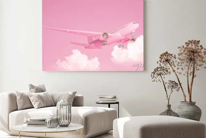 Obraz: Pastel pink plane flying in the sky with clouds. plane take off