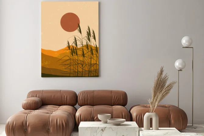 Obraz: Pejzaż w stylu boho trawy o zachodzie słońca