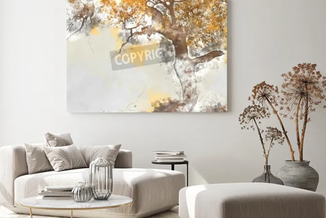 Obraz: Poplar tree in autumn season, watercolor background made in computer