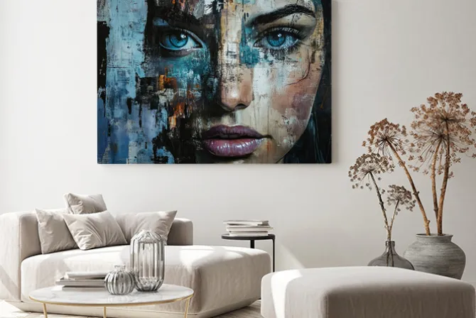 Obraz: Portret kobiety z niebieskimi oczami abstrakcja