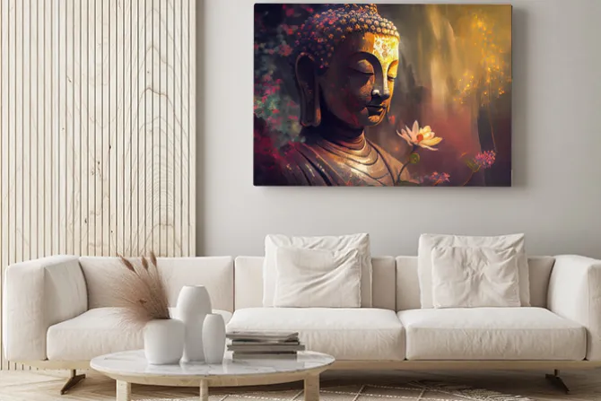 Obraz: Posąg buddy z kwiatami