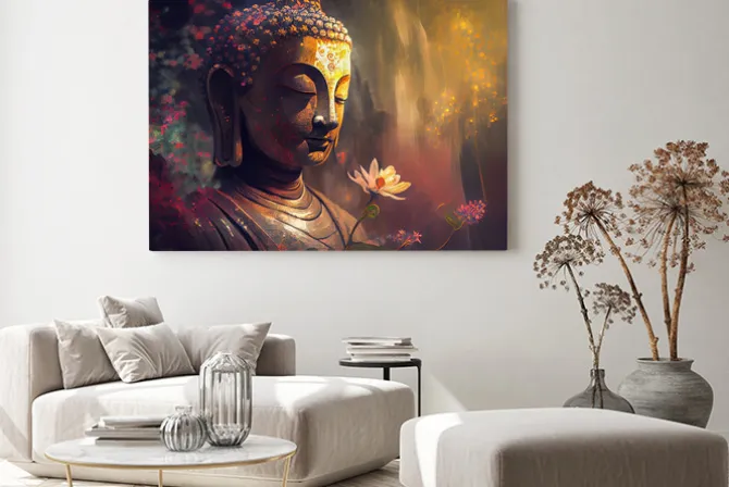 Obraz: Posąg buddy z kwiatami