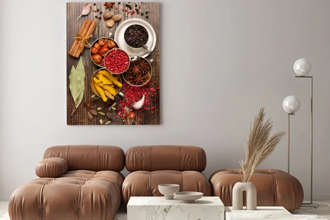 Obraz: Przyprawy i zioła na drewnianym stole