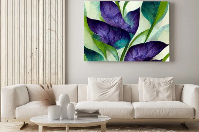 Obraz: Purple and blue watercolor flowers with green stems and leaves.