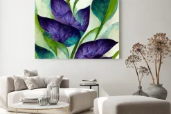 Obraz: Purple and blue watercolor flowers with green stems and leaves.