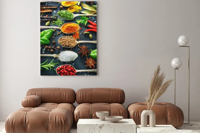 Obraz: Różne zioła i przyprawy na ciemnym tle