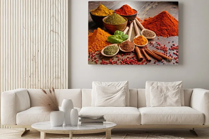 Obraz: Różnorodność przypraw na stole w kuchni