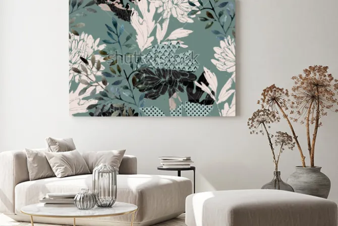 Obraz: Rośliny i figury geometryczne tworzące stonowany wzór