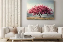 Obraz: Różowe drzewo mglisty poranek malowniczy krajobraz
