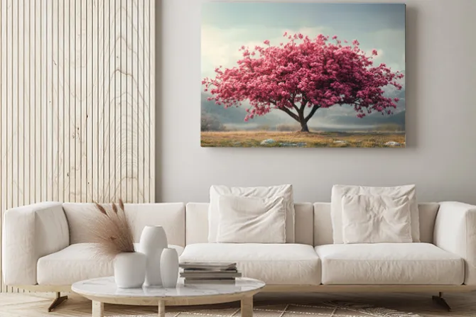 Obraz: Różowe drzewo mglisty poranek malowniczy krajobraz