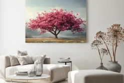 Obraz: Różowe drzewo mglisty poranek malowniczy krajobraz