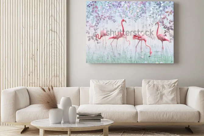 Obraz: Różowe flamingi w ogrodzie
