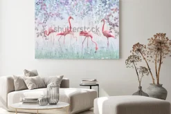 Obraz: Różowe flamingi w ogrodzie