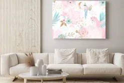 Obraz: Różowe jednorożce z kwiatami i ptakami na białym tle