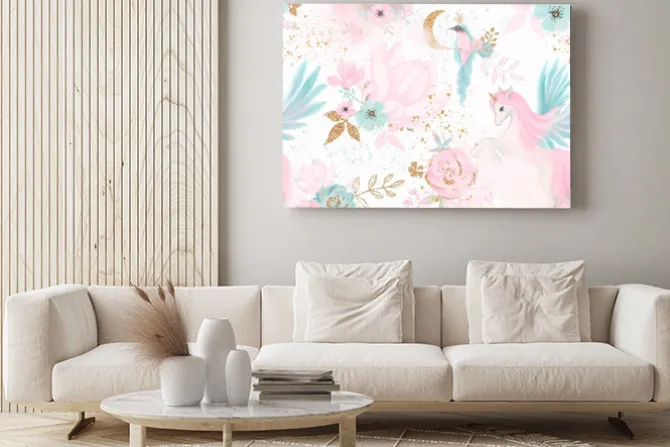 Obraz: Różowe jednorożce z kwiatami i ptakami na białym tle