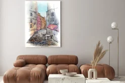 Obraz: Rysunkowa ulica z kawiarnią i brukiem