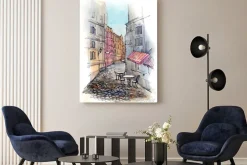 Obraz: Rysunkowa ulica z kawiarnią i brukiem