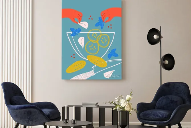 Obraz: Salad still life cartoon poster illustration. vegetables abstract