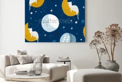 Obraz: Seamless childish pattern with cats on moons and starry sky.