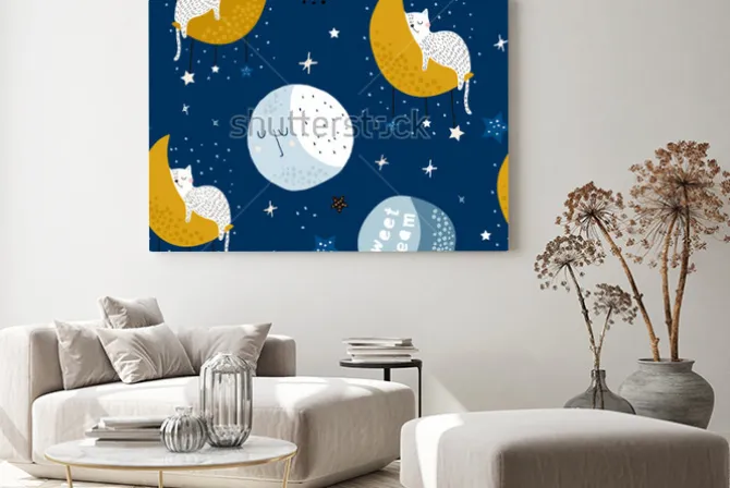 Obraz: Seamless childish pattern with cats on moons and starry sky.