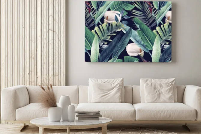 Obraz: Seamless floral pattern with tropical leaves on dark background.