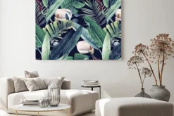 Obraz: Seamless floral pattern with tropical leaves on dark background.