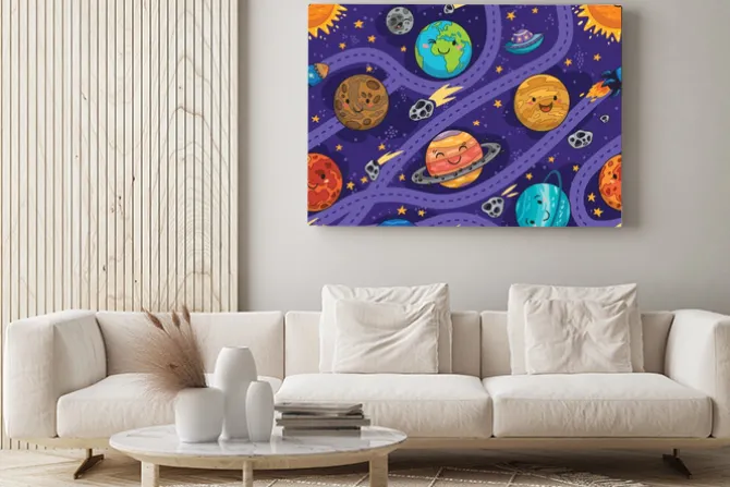 Obraz: Seamless pattern with with cartoon planets, spaceship, rocket