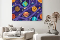 Obraz: Seamless pattern with with cartoon planets, spaceship, rocket