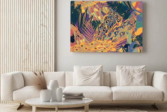 Obraz: Seamless pattern with large blue-green peacock tails and leaves