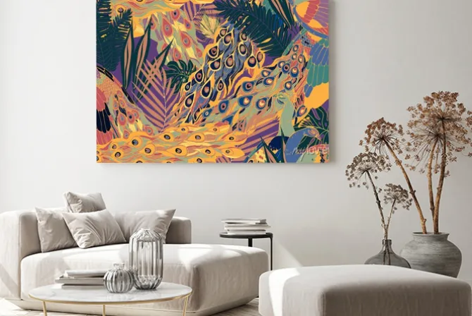 Obraz: Seamless pattern with large blue-green peacock tails and leaves