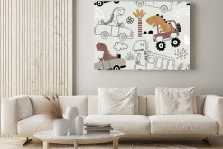 Obraz: Seamless pattern with cute dinosaur driving cars.