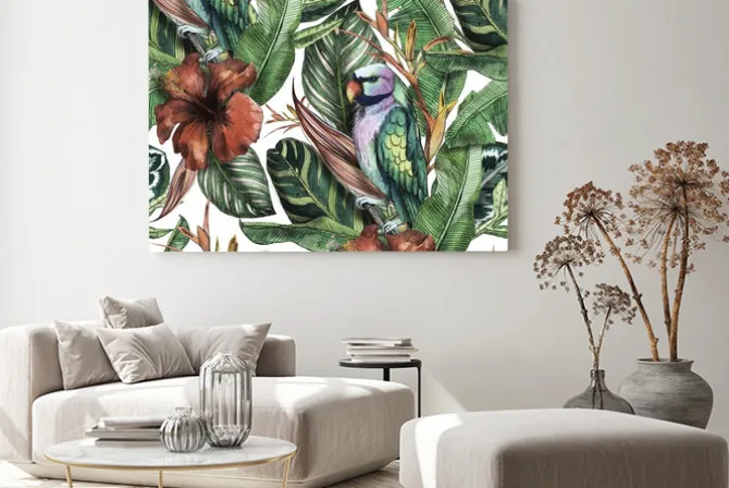 Obraz: Seamless watercolor pattern with hibiscus, palm leaves, branch