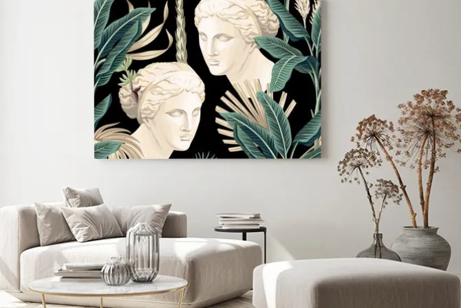 Obraz: Starożytne rzeźby wśród tropikalnych liści