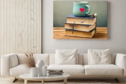 Obraz: Starych zabytkowych książek i puchar w kształcie serca na drewnianym