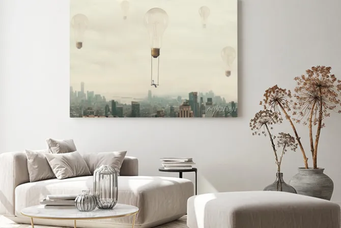 Obraz: Surreal moment of a woman traveling on a swing carried by a light