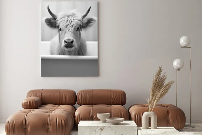 Obraz: Surrealistyczny portret biała krowa w wannie