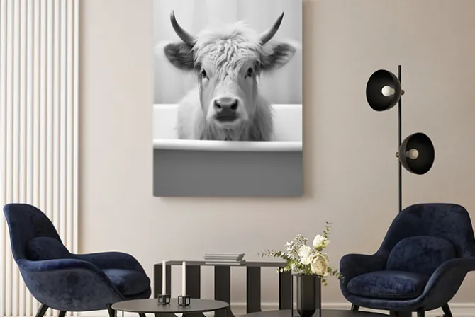 Obraz: Surrealistyczny portret biała krowa w wannie