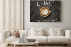 Obraz: The cup of black energy coffee with milk and two funny formulas.